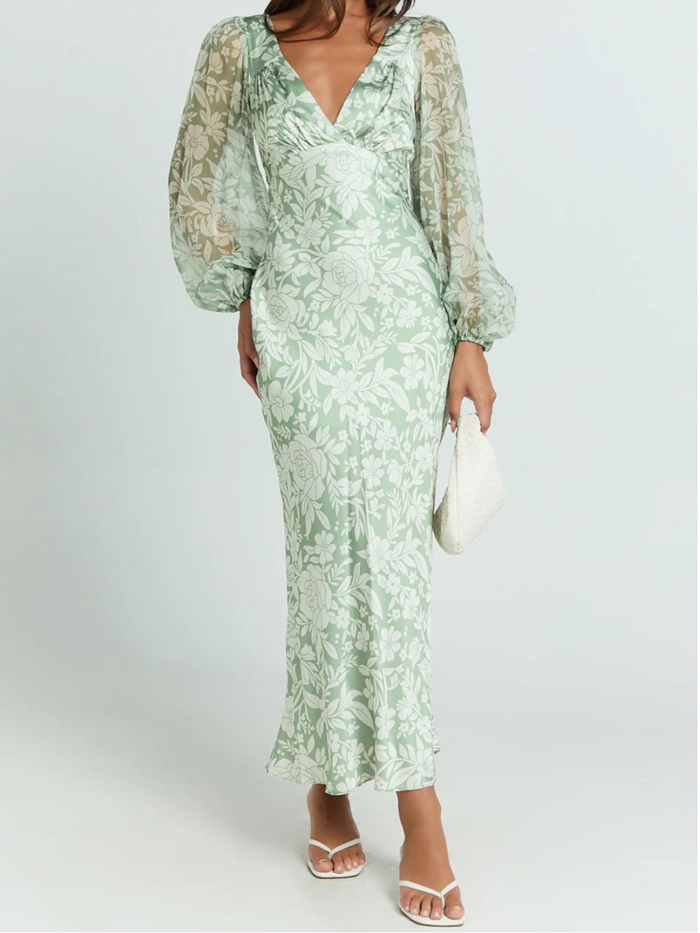 Freollyn Midi Dress - Deep V Neck Long Sleeve Dress in Sage